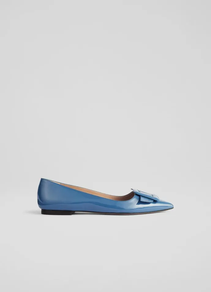 Women Flats LKBennett Devon Blue Patent Leather Buckle Flats Storm