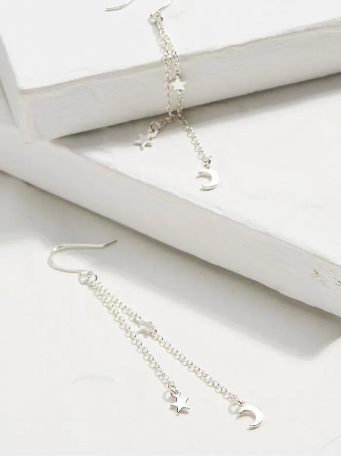 Women Jewellery Fat Face Silver Tone Star Chain Earrings