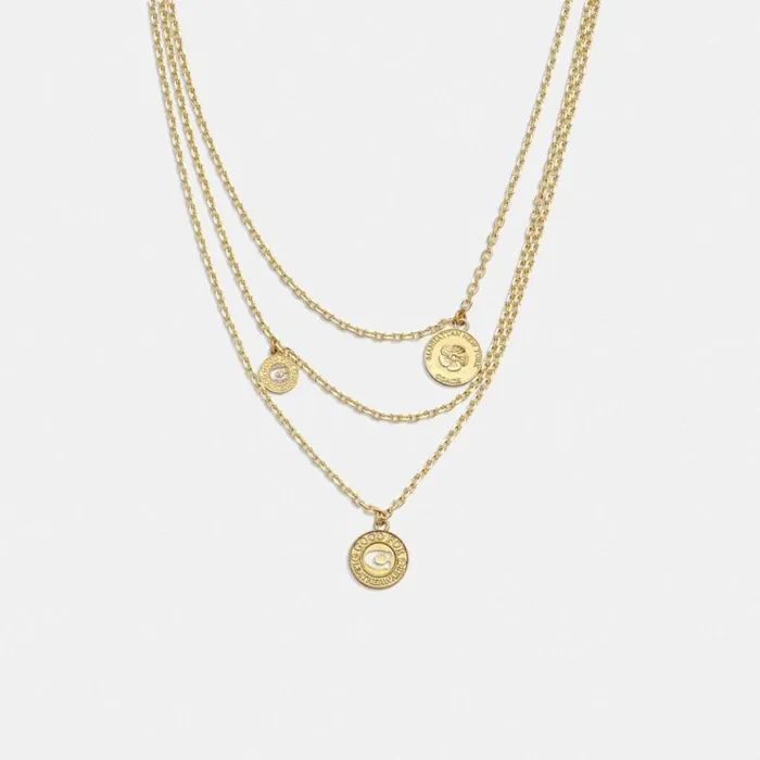 Women Jewelry Coach Signature Coin Layered Necklace Gold