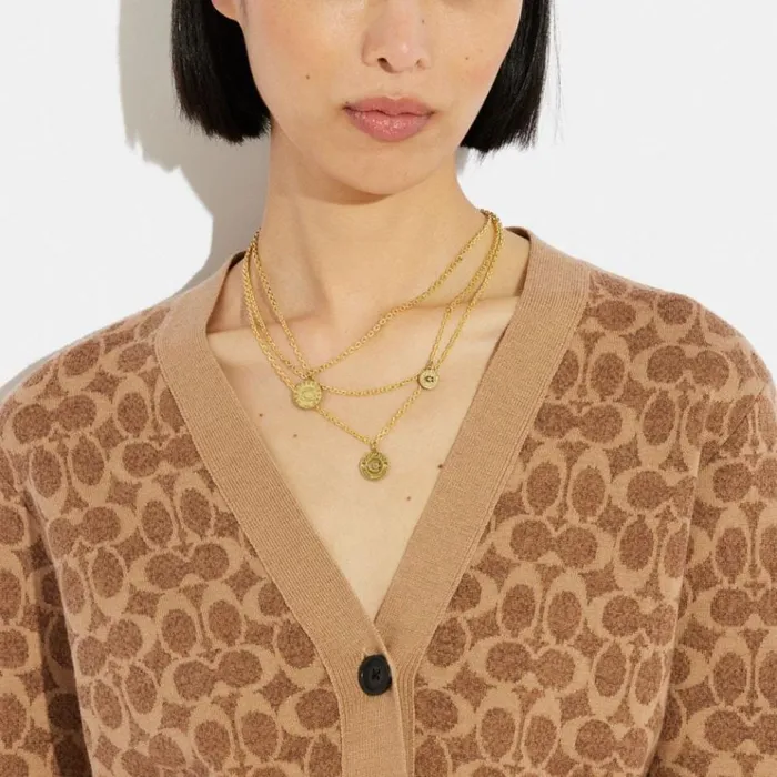 Women Jewelry Coach Signature Coin Layered Necklace Gold