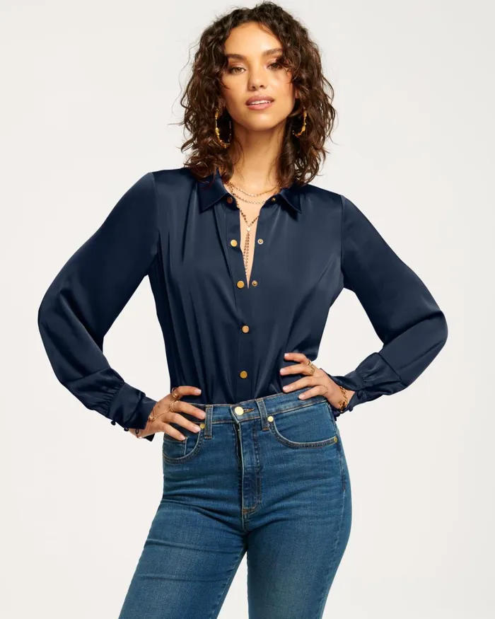 Women Kayla Button Up Bodysuit Navy Ramy Brook Tops Women Kayla Button Up Bodysuit Navy Ramy Brook Tops