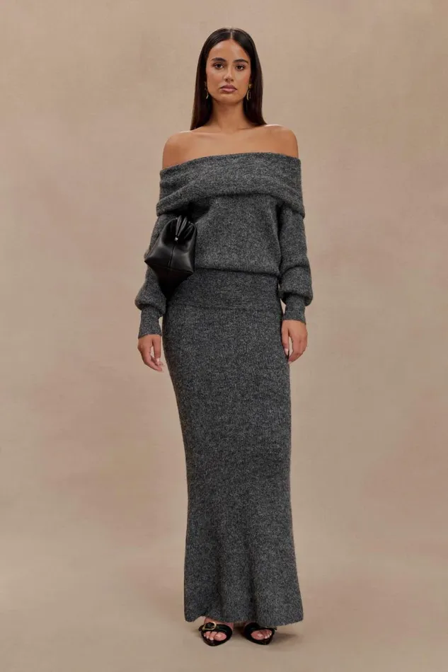 Women Meshki Bottoms Charlotte Knit Maxi Skirt With Overlay 8211 Charcoal