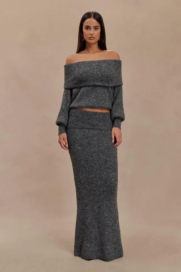 Women Meshki Bottoms Charlotte Knit Maxi Skirt With Overlay 8211 Charcoal