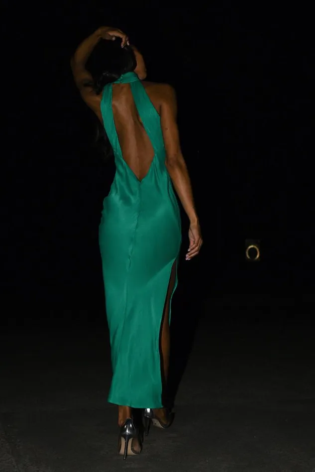 Women Meshki Bottoms Claire Satin Drape Back Maxi Dress With Split 8211 Green