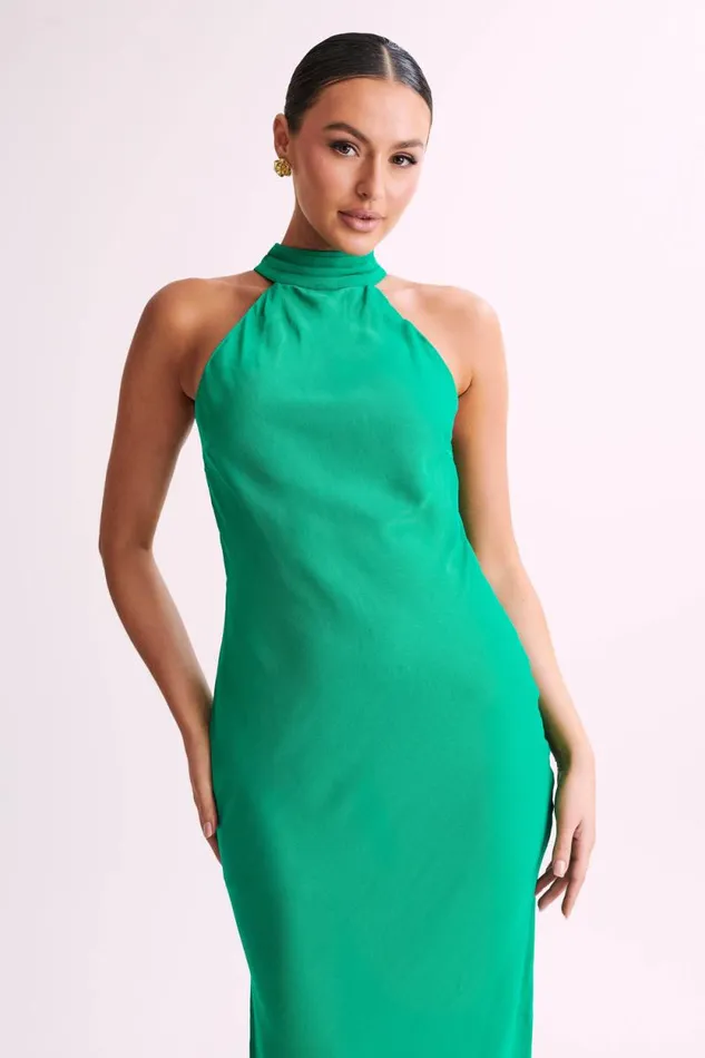 Women Meshki Bottoms Claire Satin Drape Back Maxi Dress With Split 8211 Green