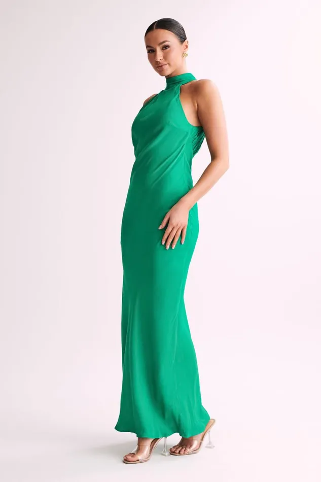 Women Meshki Bottoms Claire Satin Drape Back Maxi Dress With Split 8211 Green