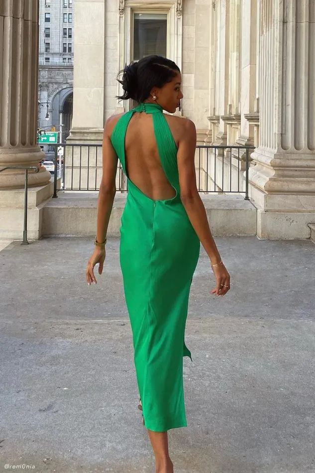 Women Meshki Bottoms Claire Satin Drape Back Maxi Dress With Split 8211 Green