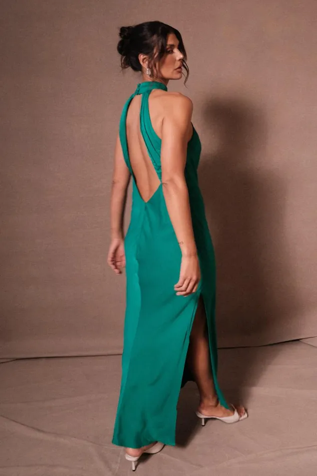 Women Meshki Bottoms Claire Satin Drape Back Maxi Dress With Split 8211 Green