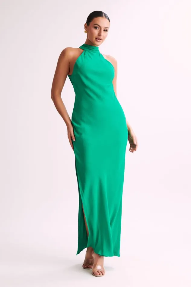Women Meshki Bottoms Claire Satin Drape Back Maxi Dress With Split 8211 Green