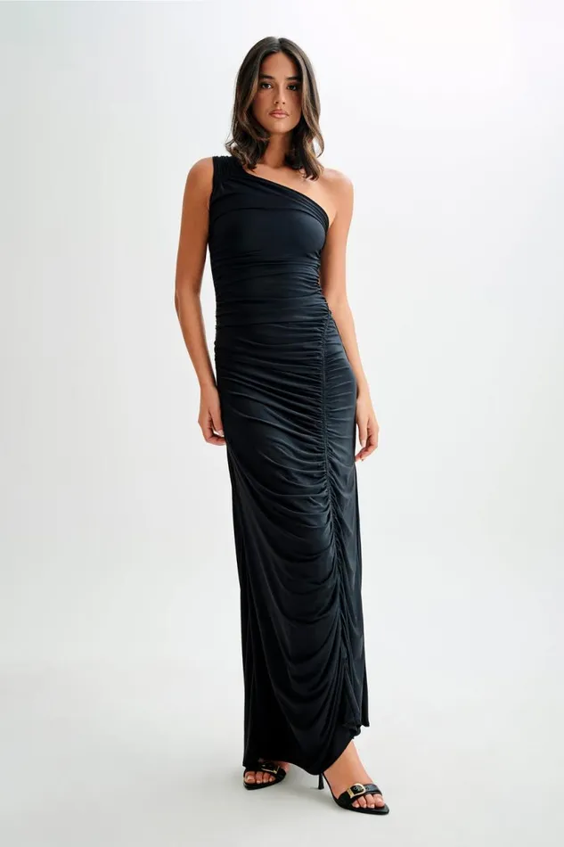Women Meshki Dresses Capri Gathered Slinky Maxi Dress 8211 Black