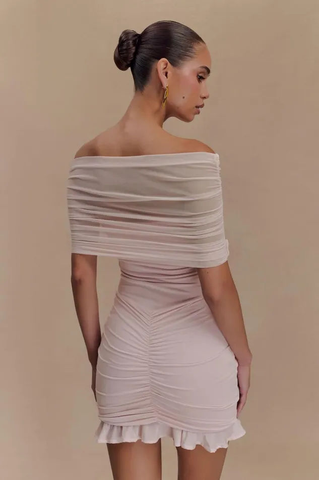 Women Meshki Dresses Caspian Slinky And Mesh Off Shoulder Mini Dress 8211 Pale Pink