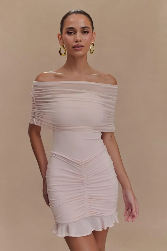 Women Meshki Dresses Caspian Slinky And Mesh Off Shoulder Mini Dress 8211 Pale Pink