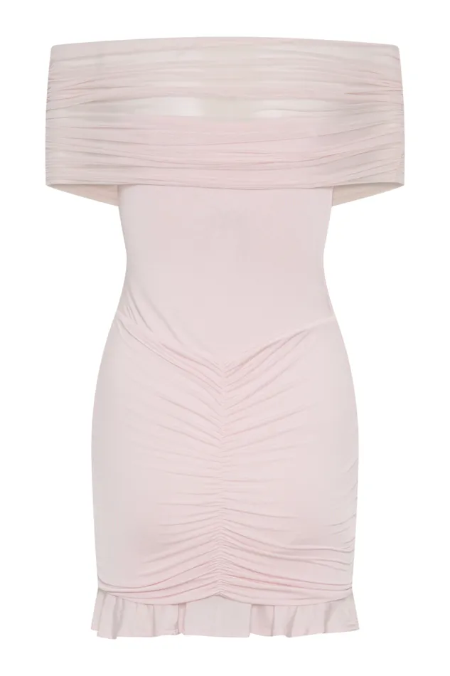 Women Meshki Dresses Caspian Slinky And Mesh Off Shoulder Mini Dress 8211 Pale Pink