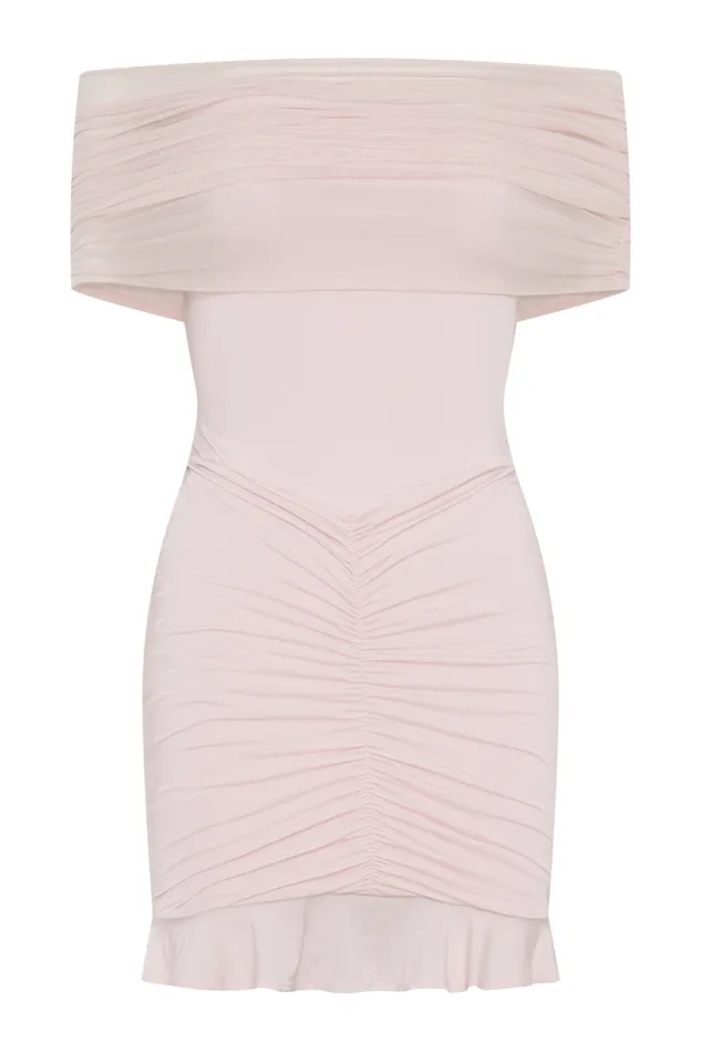 Women Meshki Dresses Caspian Slinky And Mesh Off Shoulder Mini Dress 8211 Pale Pink