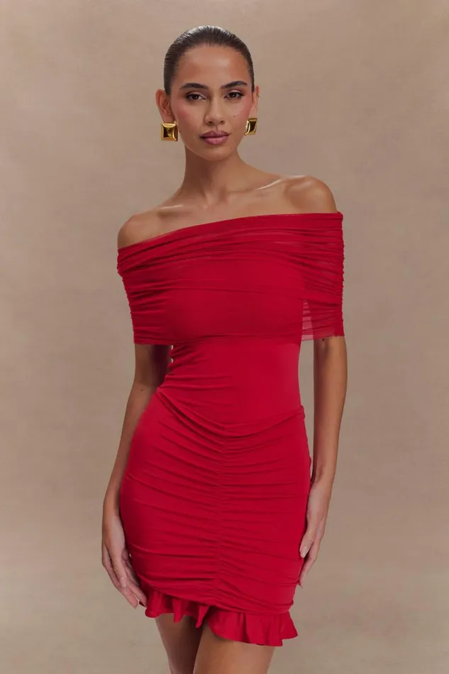 Women Meshki Dresses Caspian Slinky And Mesh Off Shoulder Mini Dress 8211 Ruby