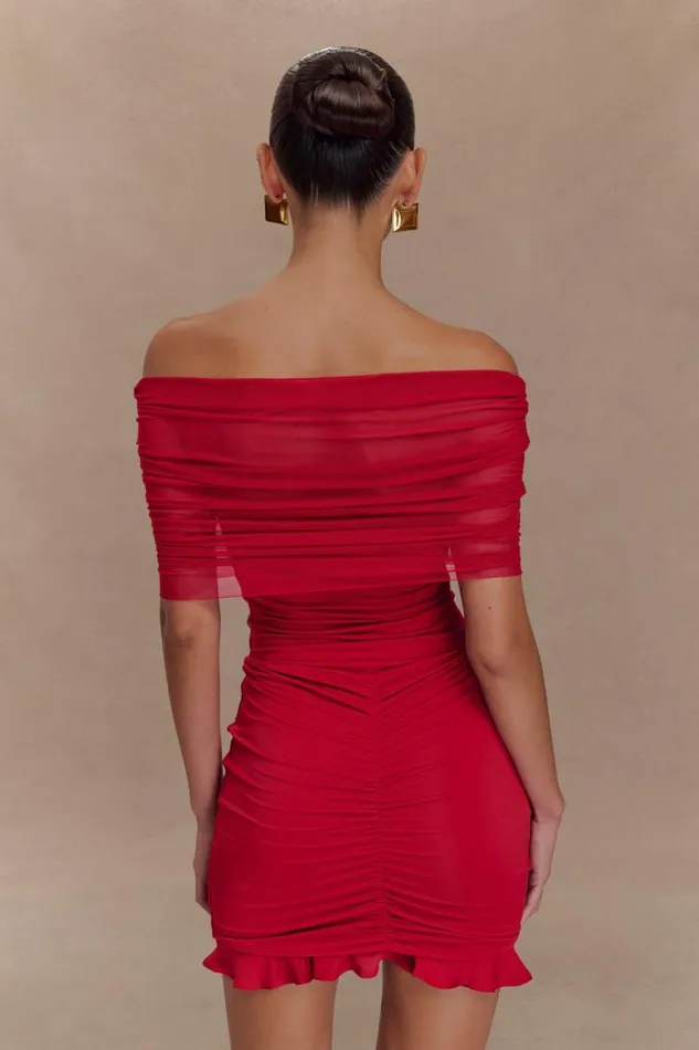 Women Meshki Dresses Caspian Slinky And Mesh Off Shoulder Mini Dress 8211 Ruby