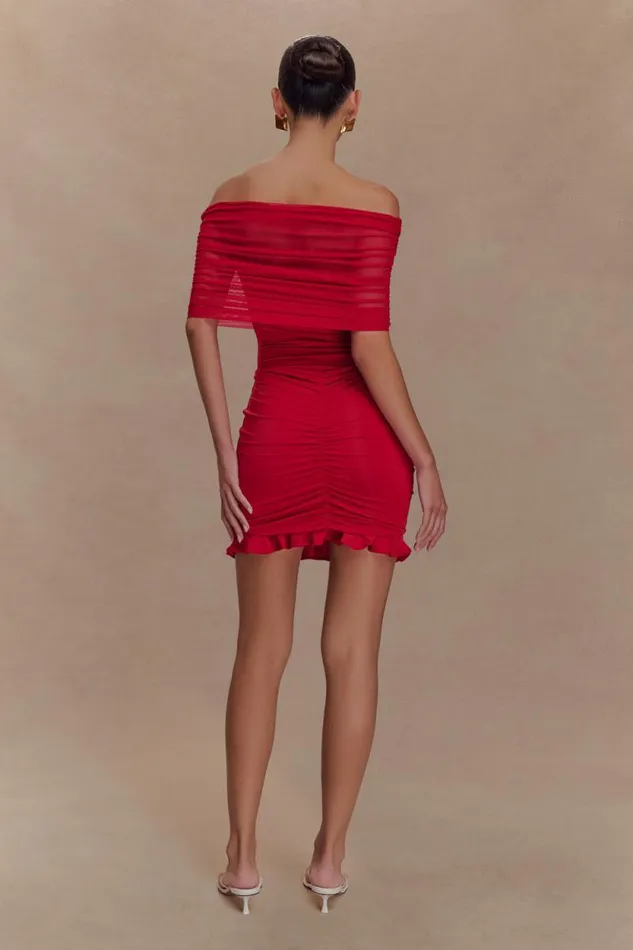 Women Meshki Dresses Caspian Slinky And Mesh Off Shoulder Mini Dress 8211 Ruby