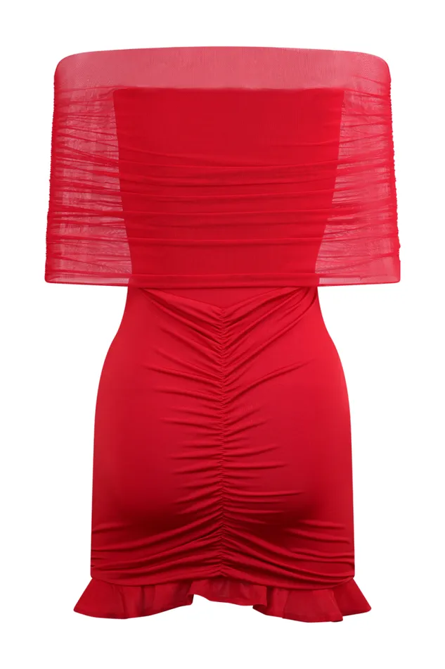 Women Meshki Dresses Caspian Slinky And Mesh Off Shoulder Mini Dress 8211 Ruby