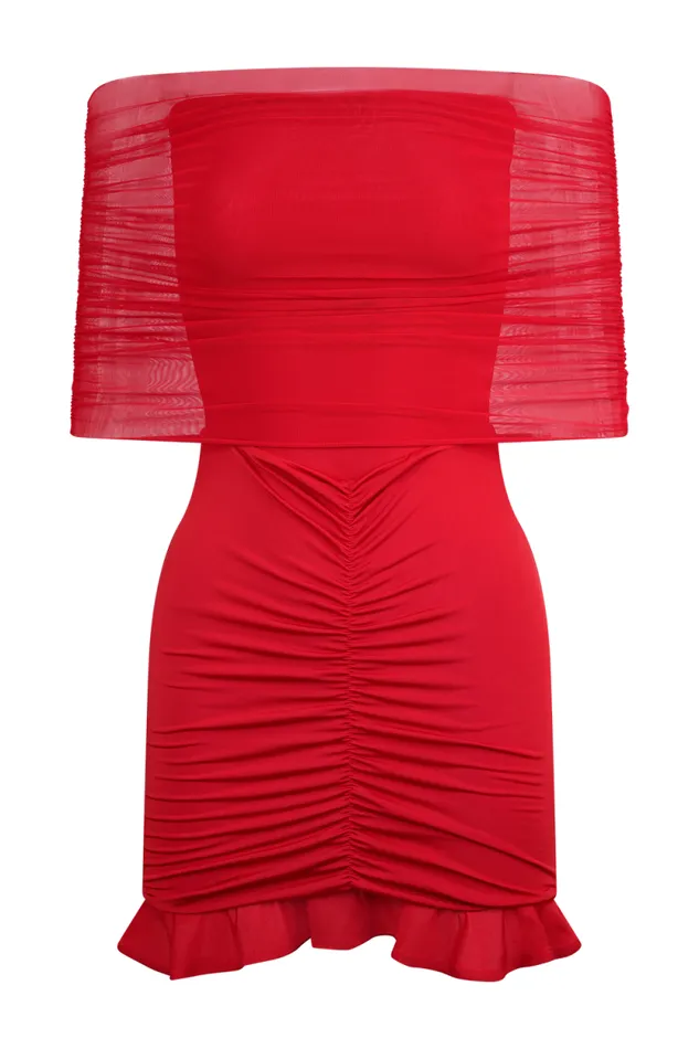 Women Meshki Dresses Caspian Slinky And Mesh Off Shoulder Mini Dress 8211 Ruby