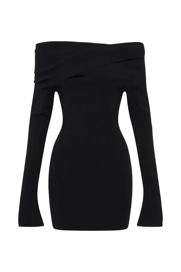 Women Meshki Dresses Clover Off Shoulder Knit Mini Dress 8211 Black