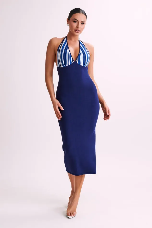 Women Meshki Dresses Dana Stripe Knit Halter Midi Dress 8211 Powder Blue