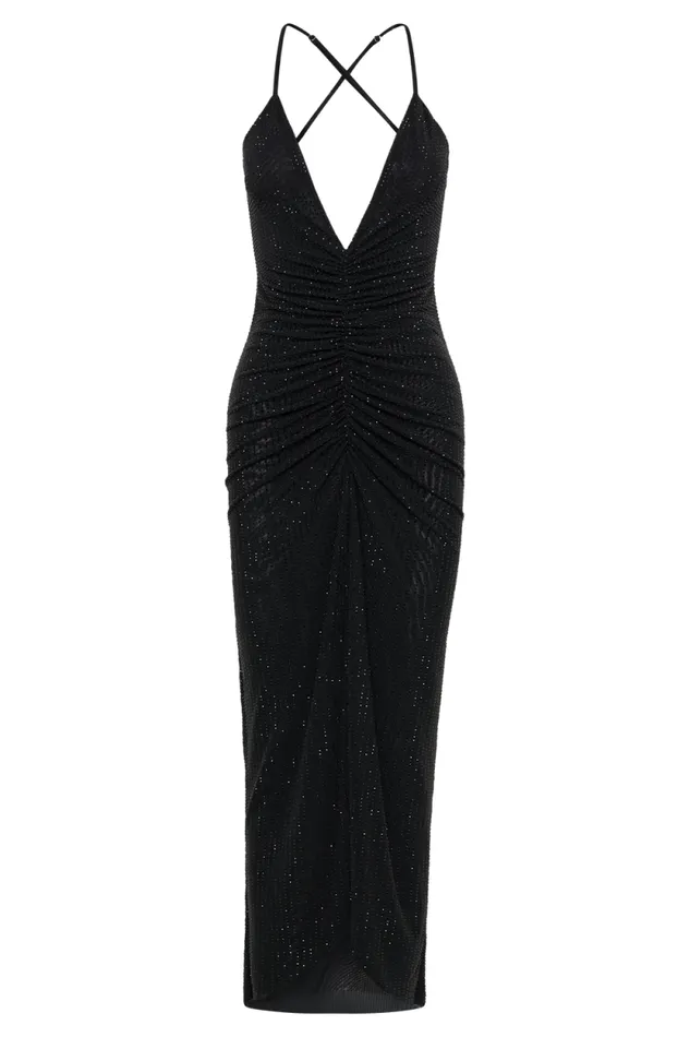 Women Meshki Dresses Emeraude Diamante Ruched Midi Dress 8211 Black