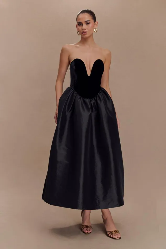 Women Meshki Dresses Flora Strapless Velvet Midi Dress 8211 Black