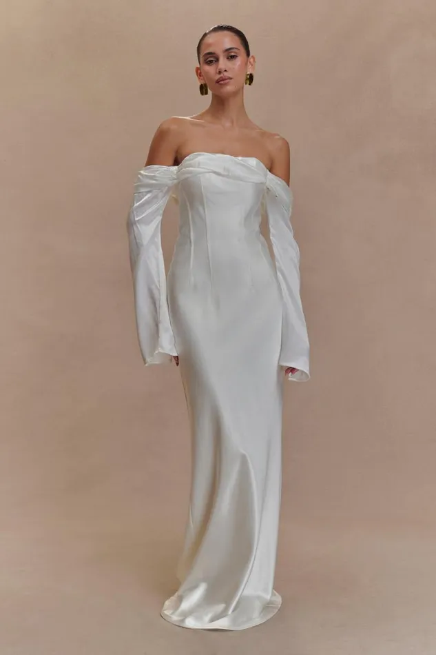 Women Meshki Dresses Giselle Off Shoulder Cowl Neck Maxi Dress 8211 White