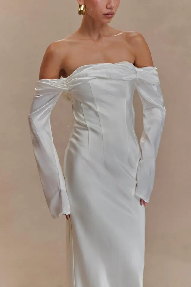 Women Meshki Dresses Giselle Off Shoulder Cowl Neck Maxi Dress 8211 White