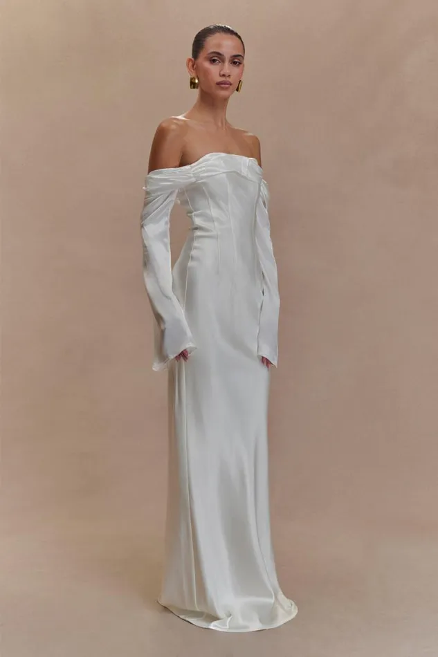 Women Meshki Dresses Giselle Off Shoulder Cowl Neck Maxi Dress 8211 White