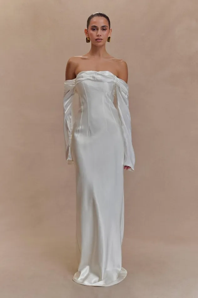 Women Meshki Dresses Giselle Off Shoulder Cowl Neck Maxi Dress 8211 White