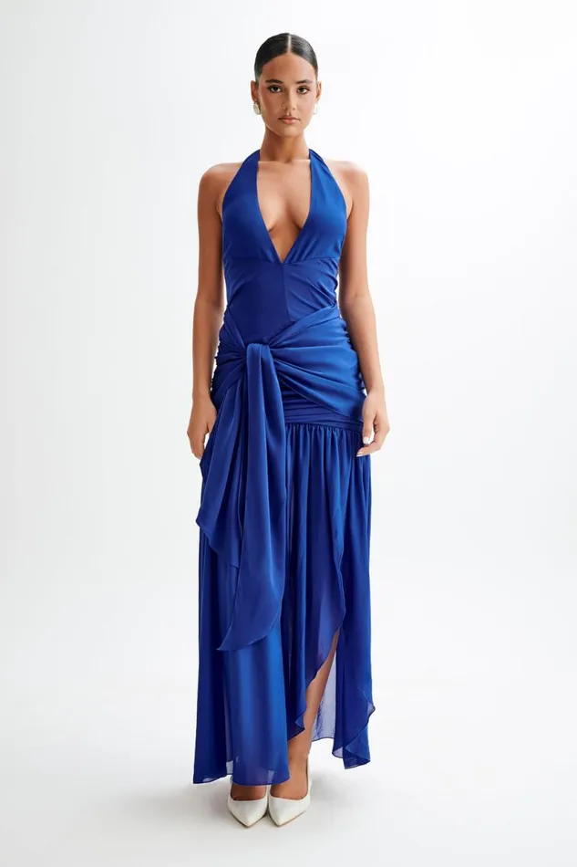 Women Meshki Dresses Graziana Satin Chiffon Plunge Maxi Dress 8211 Cobalt Blue