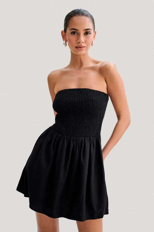 Women Meshki Dresses Holland Linen Shirring Mini Dress 8211 Black