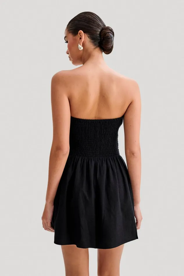 Women Meshki Dresses Holland Linen Shirring Mini Dress 8211 Black