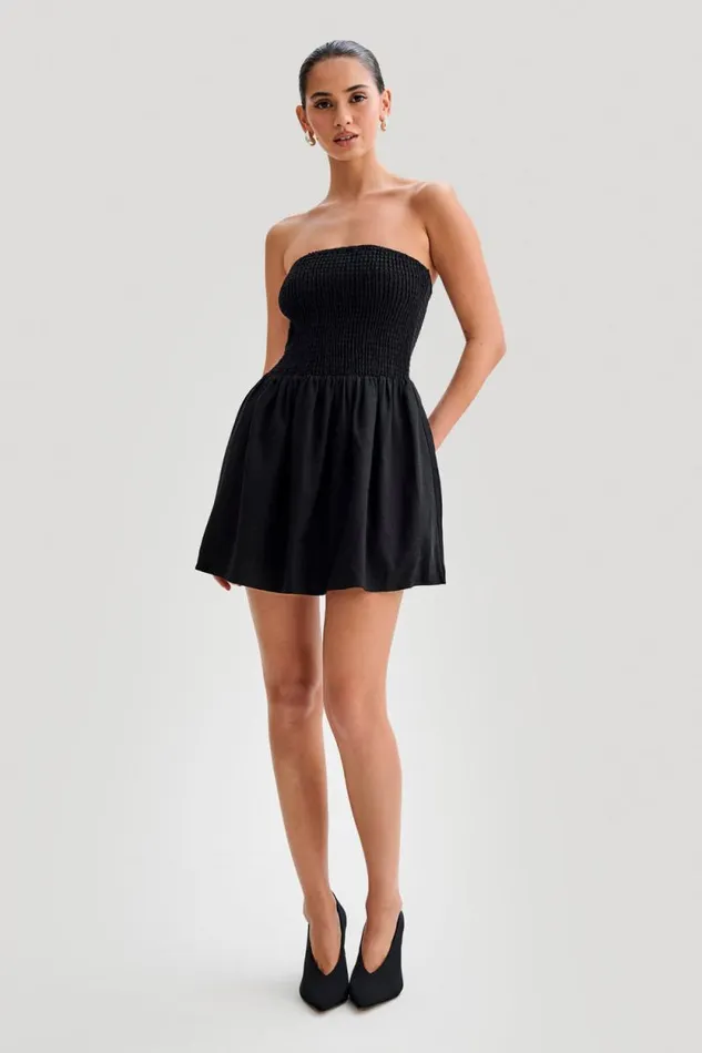 Women Meshki Dresses Holland Linen Shirring Mini Dress 8211 Black
