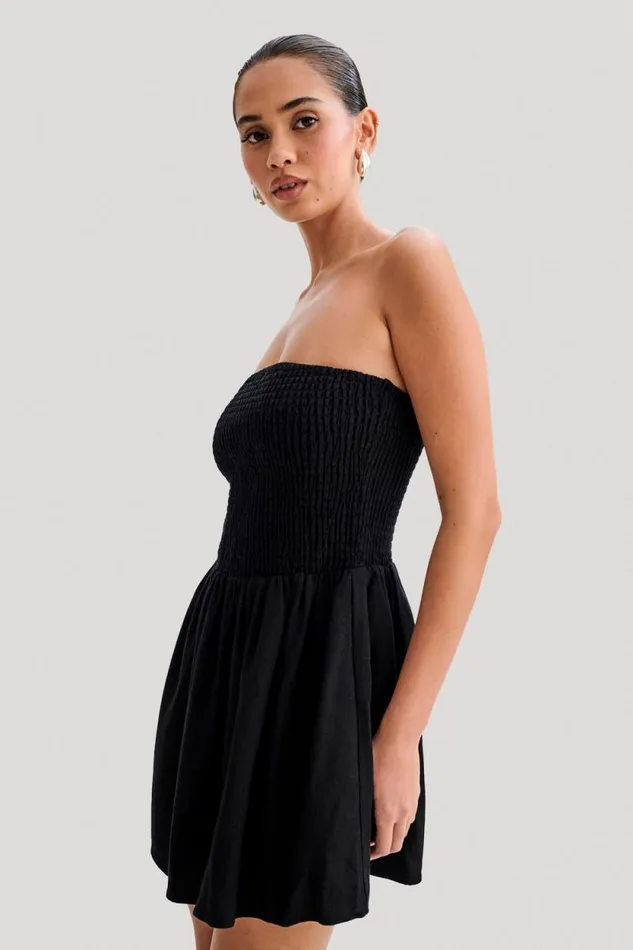 Women Meshki Dresses Holland Linen Shirring Mini Dress 8211 Black