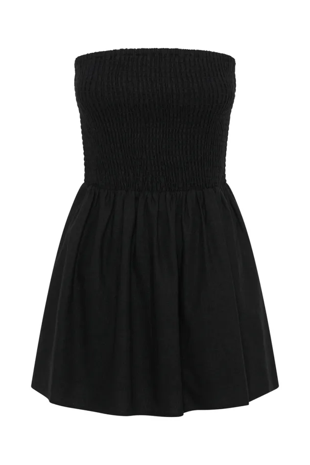 Women Meshki Dresses Holland Linen Shirring Mini Dress 8211 Black