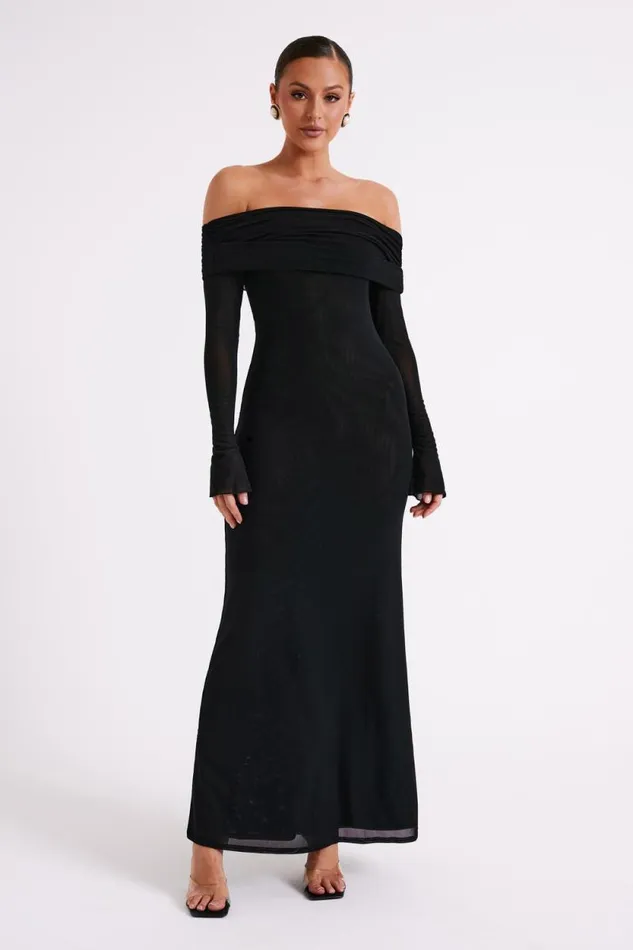 Women Meshki Dresses Josie Off Shoulder Mesh Maxi Dress 8211 Black