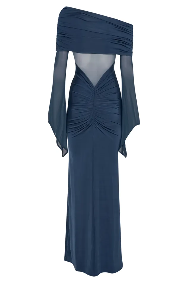 Women Meshki Dresses Kaitlin One Shoulder Slinky And Mesh Maxi Dress 8211 Midnight Blue