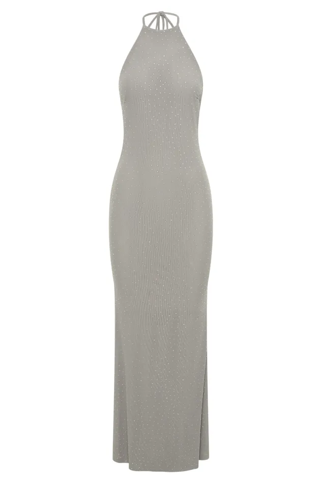 Women Meshki Dresses Kali Hot Fix Mesh Halter Maxi Dress 8211 Gunmetal