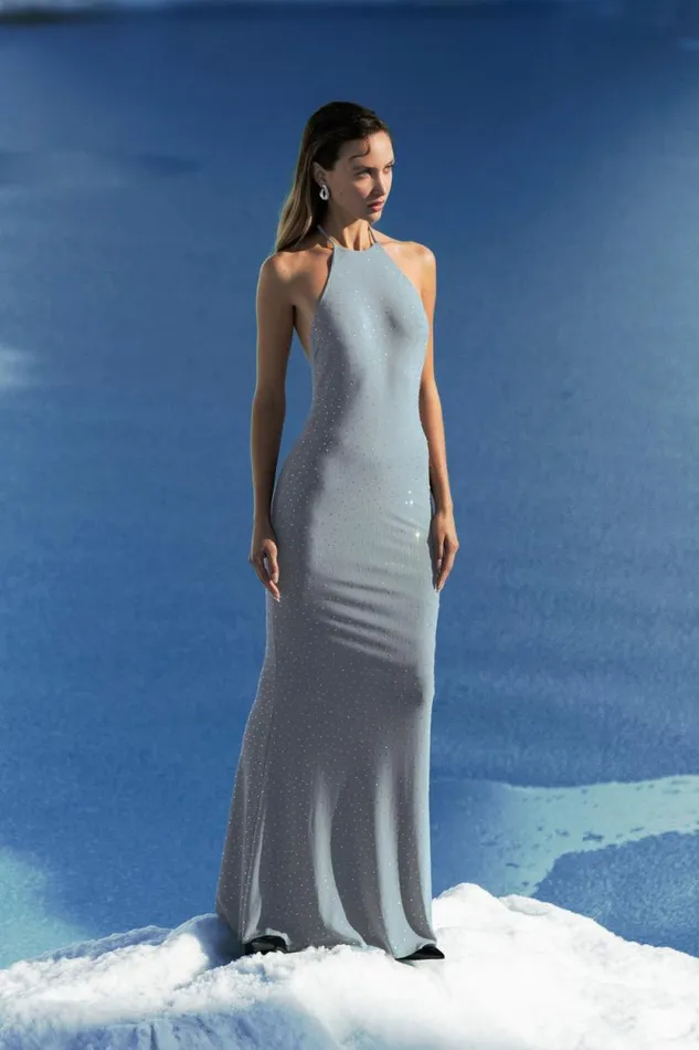 Women Meshki Dresses Kali Hot Fix Mesh Halter Maxi Dress 8211 Gunmetal