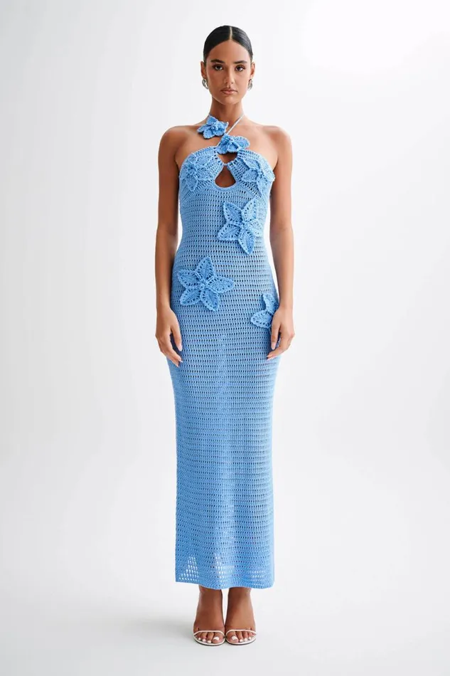 Women Meshki Dresses Kyla Floral Crochet Maxi Dress 8211 Cornflower Blue
