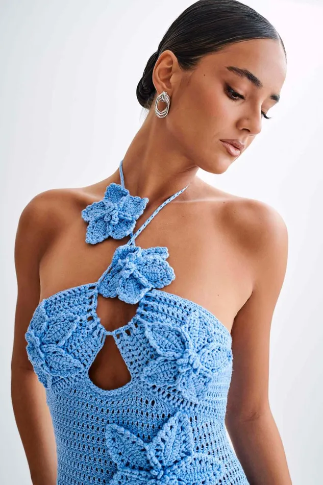 Women Meshki Dresses Kyla Floral Crochet Maxi Dress 8211 Cornflower Blue