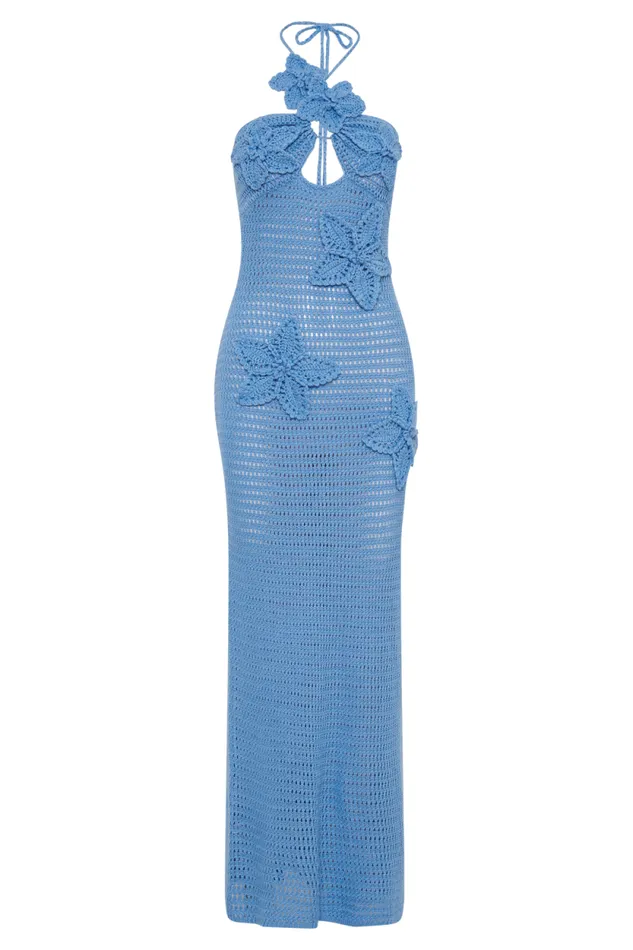 Women Meshki Dresses Kyla Floral Crochet Maxi Dress 8211 Cornflower Blue