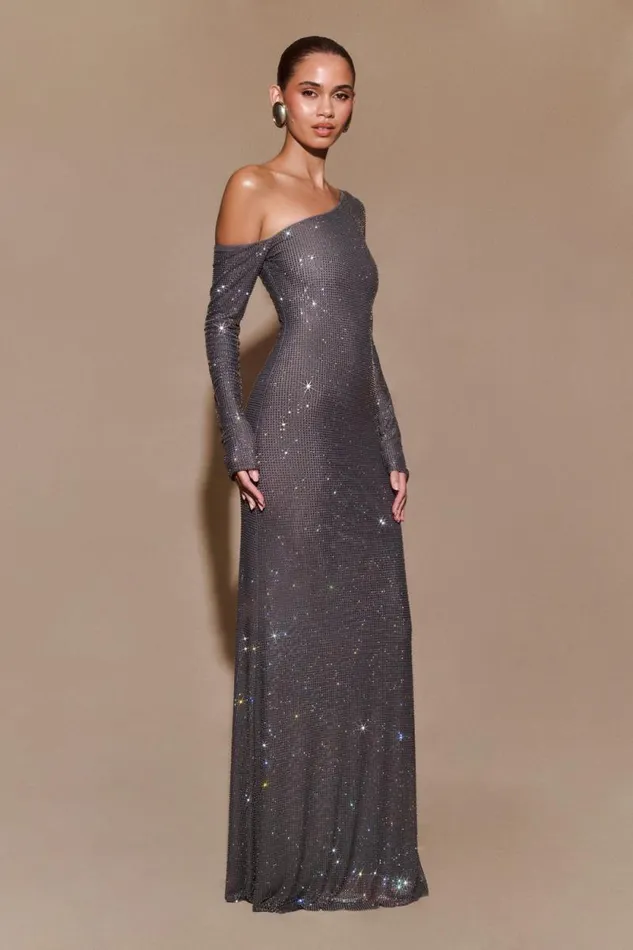 Women Meshki Dresses Marcia Diamante Long Sleeve Maxi Dress 8211 Gunmetal