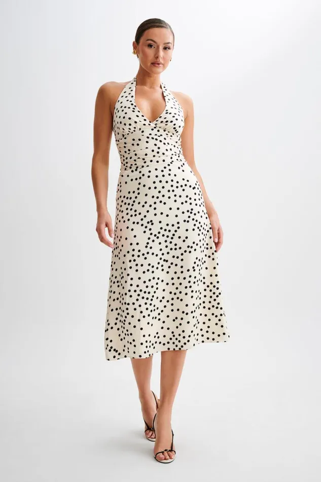 Women Meshki Dresses Marguerite Satin Halter Midi Dress 8211 Polkadot
