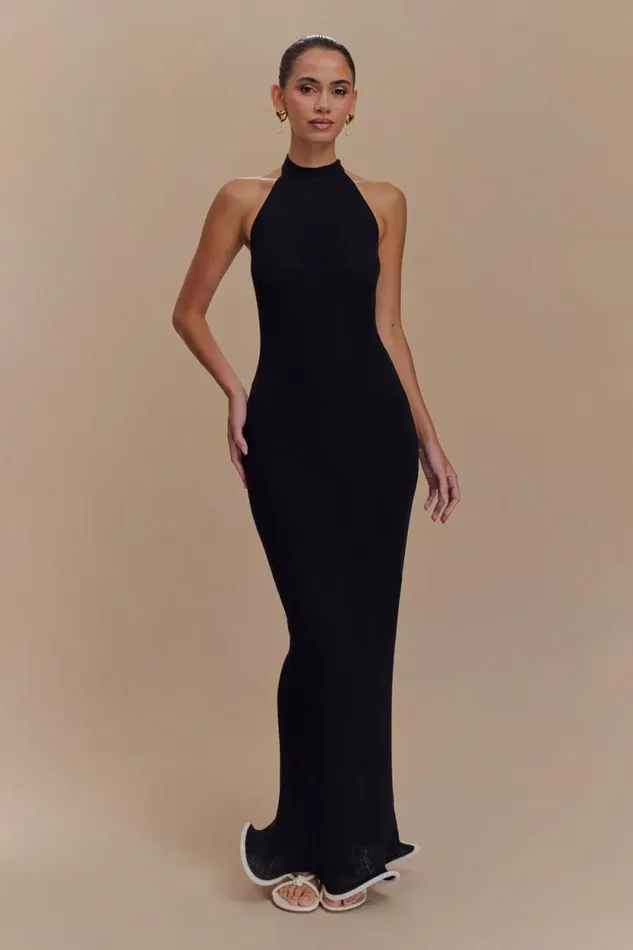 Women Meshki Dresses Melodie Halter Knit Maxi Dress 8211 BlackWhite