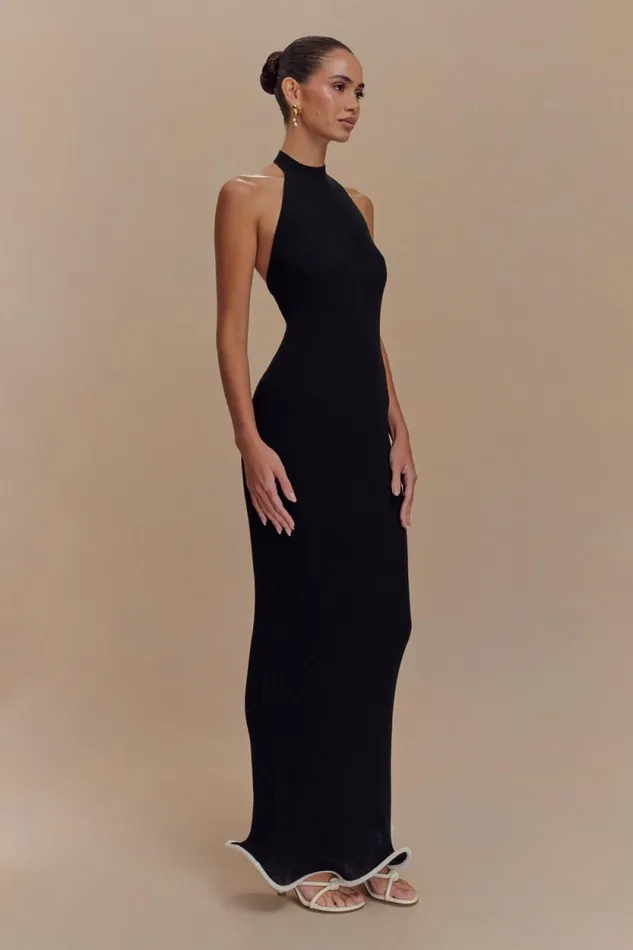 Women Meshki Dresses Melodie Halter Knit Maxi Dress 8211 BlackWhite