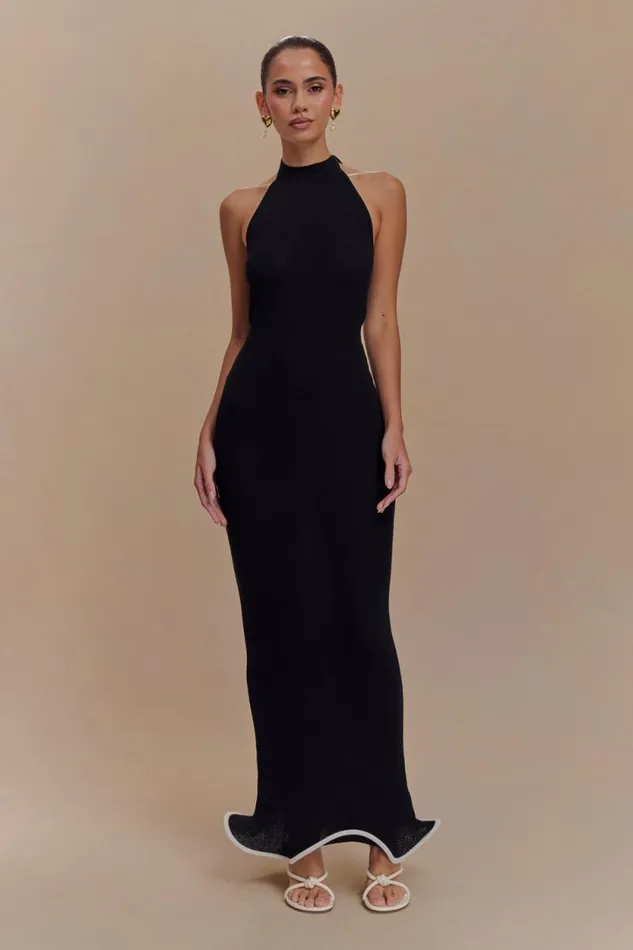 Women Meshki Dresses Melodie Halter Knit Maxi Dress 8211 BlackWhite