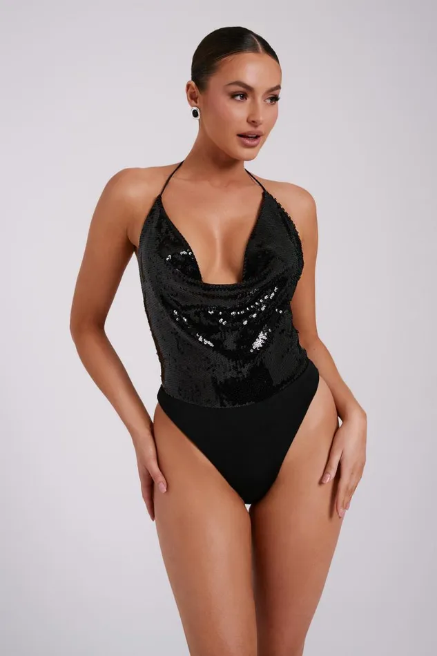 Women Meshki Dresses Nathalie Sequin Cowl Bodysuit 8211 Black
